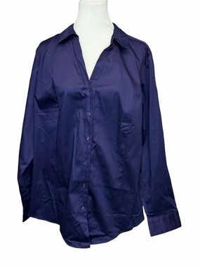Lane Bryant Navy  Purple Button Down Shirt Classic Collared Long Sleeve